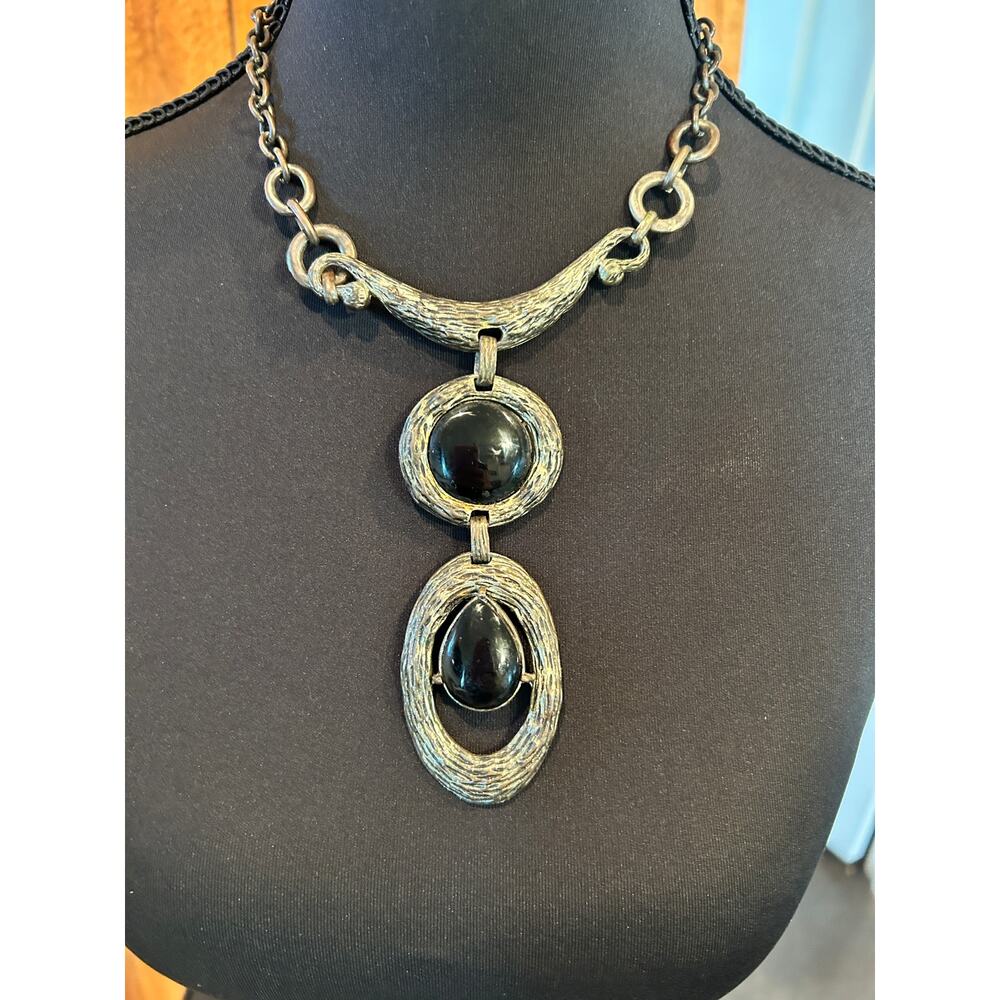 Vintage Modernist Statement Necklace - Textured Silver Tone with Dual Stones